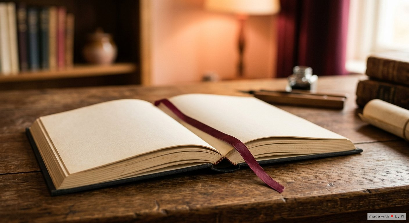 Aufgeschlagenes Hypnose-Lehrbuch in warmem Licht mit Lesezeichen