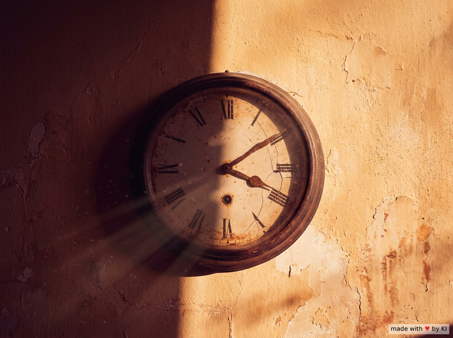 Alte Wanduhr an einer warm beleuchteten Wand, deren Zeiger im Halbschatten kaum abzulesen sind