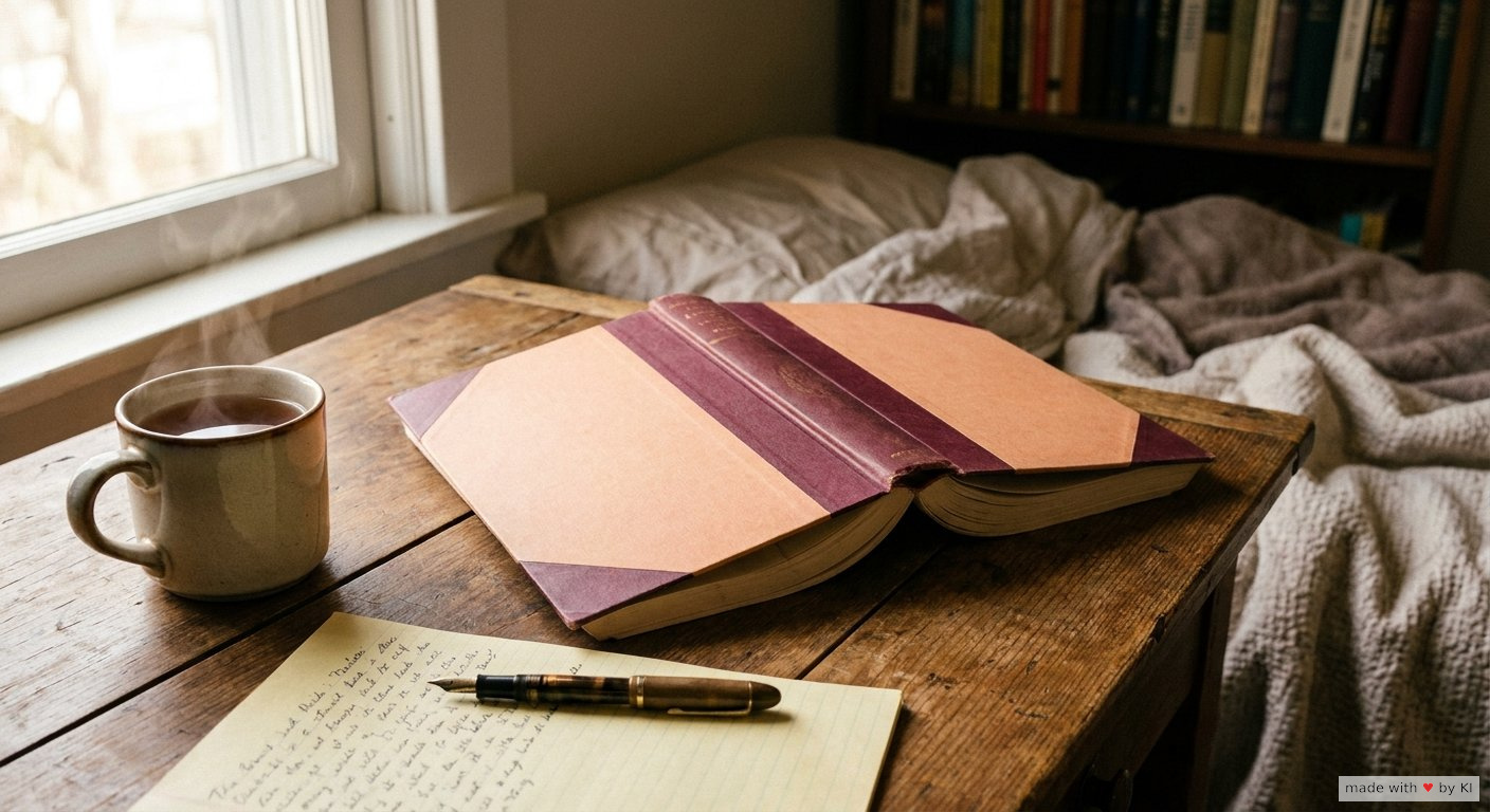 Aufgeschlagenes Buch mit warmem Licht und Notizen, dazu Tasse Tee - Marians meistempfohlene Lektüre für Storytelling im Coaching