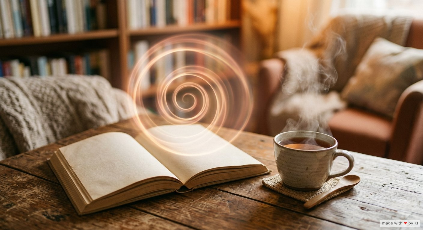 Aufgeschlagenes Buch neben einer Tasse Tee auf einem warmen Holztisch