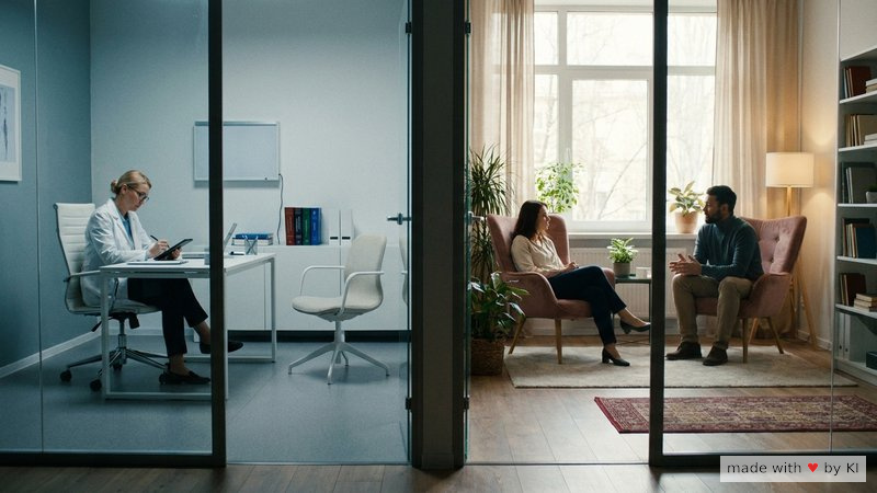 Klinisches Praxiszimmer mit Therapeut links und warmer Coaching-Raum mit zwei Personen rechts - die zwei Schienen der Hypnose-Ausbildung im DACH-Raum
