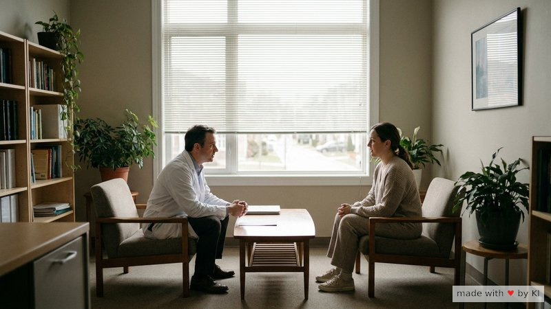 Ärztin im weißen Kittel im ruhigen Gespräch mit einer Patientin in einem hellen Praxisraum - typisches Setting der klinisch-akademischen Hypnose-Schiene