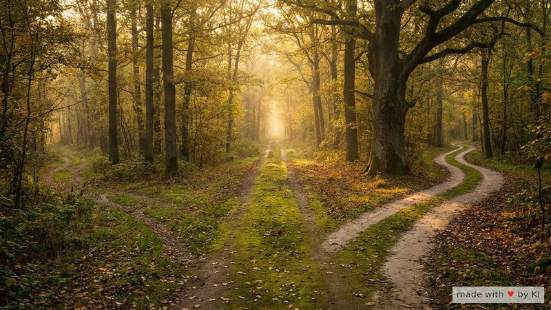 Waldweg, der sich in drei verschiedene Pfade aufteilt - Symbol für die drei Methodik-Schulen klassisch-direktiv, ericksonsch und hypnosystemisch