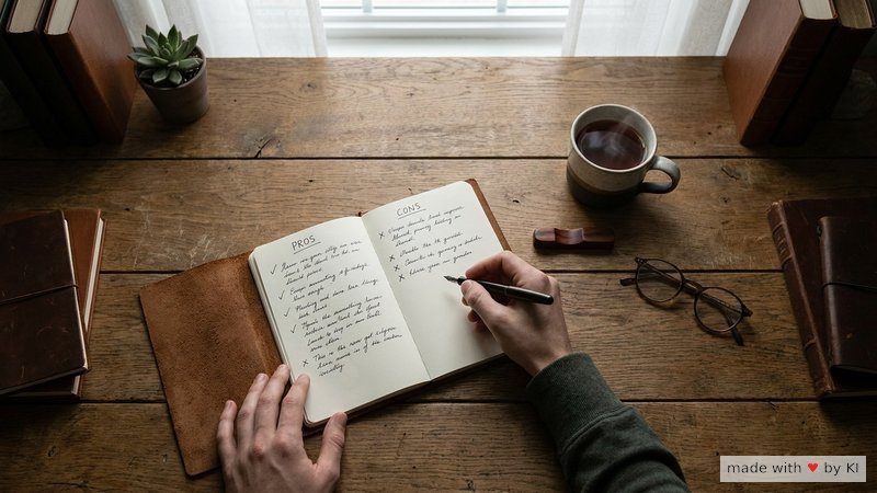 Aufgeschlagenes Notizbuch mit handgeschriebener Pro-Contra-Liste, Füller und Teetasse auf einem Holzschreibtisch - sechs Schritte zur Entscheidung für die richtige Hypnose-Ausbildung