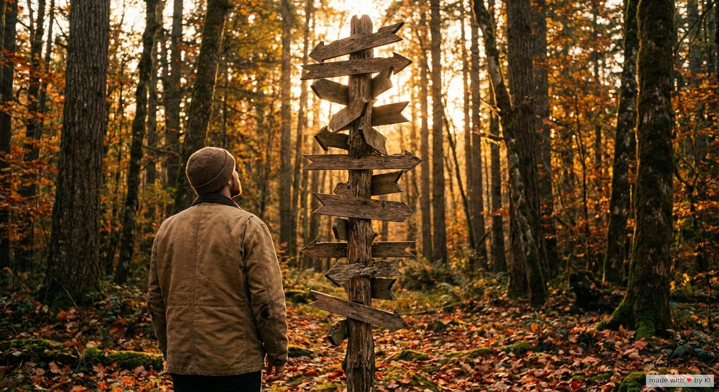Person an einem hölzernen Wegweiser im Wald, der in viele Richtungen zeigt - Symbol für die Wahl der Hypnose-Ausbildung