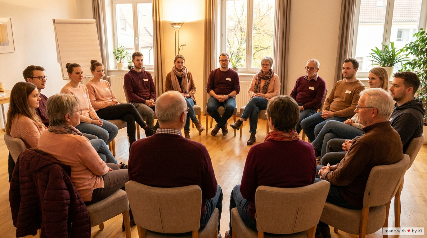 Diverse Gruppe von Teilnehmern im Halbkreis im Hypnose-Seminarraum