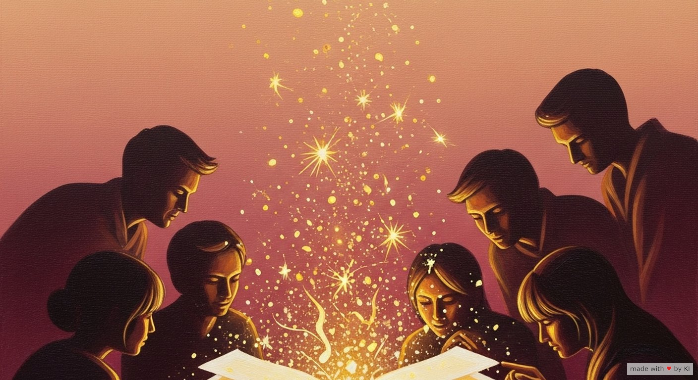 Geöffnetes Buch mit goldenem Licht, das in warmen Funken aufsteigt, Symbolbild für die Wirkung von Geschichten im Coaching
