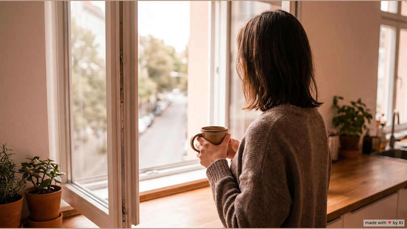 Person steht mit einer Tasse Kaffee am offenen Fenster einer hellen Küche und schaut hinaus