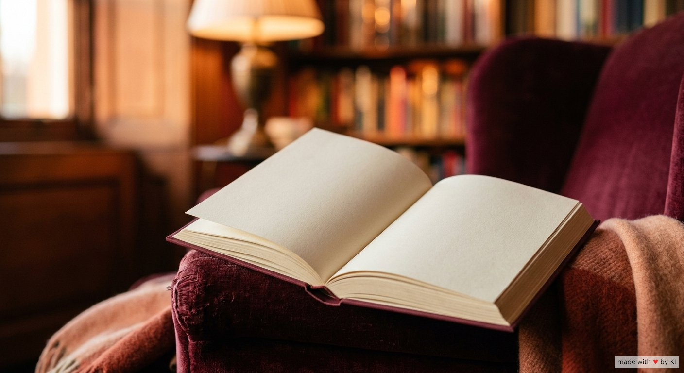 Aufgeschlagenes Buch neben einem Sessel in warmem Abendlicht - Zeig Meine Stimme begleitet Sie Rezension