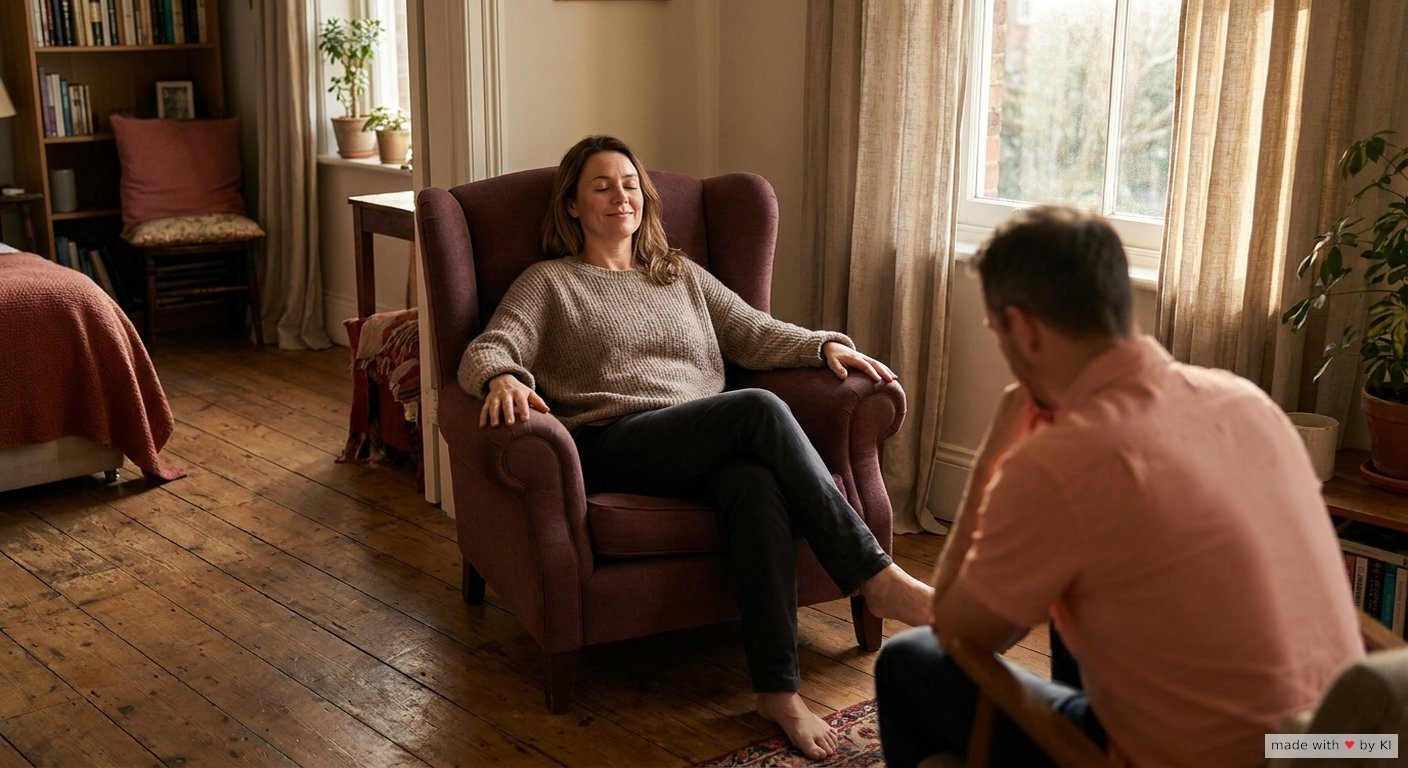 Coaching-Sitzung, Klientin sitzt entspannt mit geschlossenen Augen im Sessel während einer Zukunftsprojektion in der Hypnose