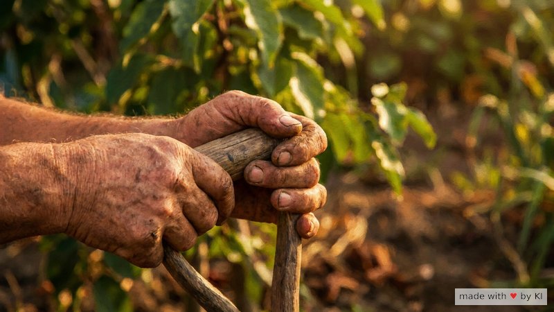 Raue Handflächen mit Schwielen halten einen hölzernen Spatenstiel im Sonnenlicht